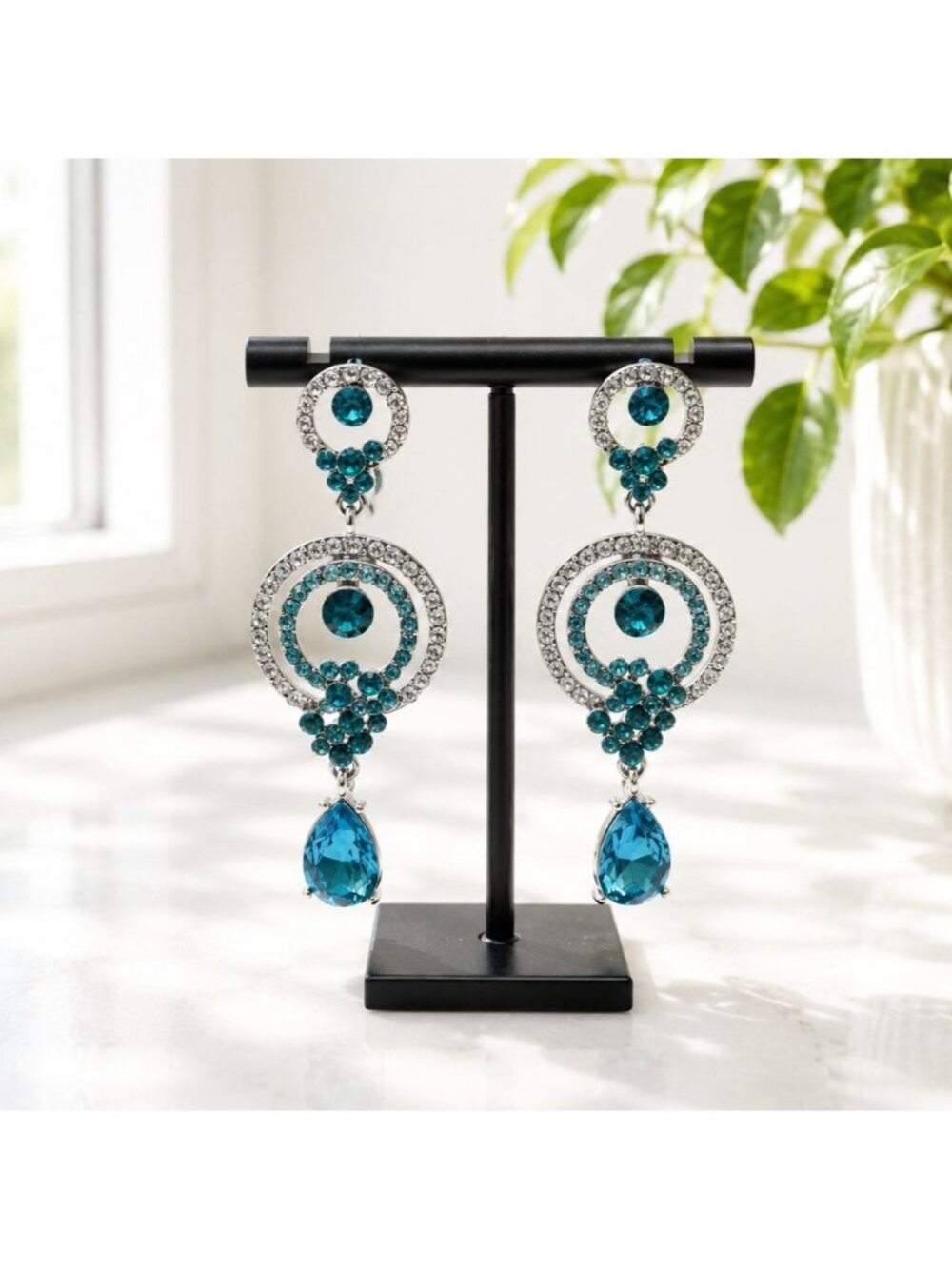 Crystal Teardrop & Round Statement Earrings With Rhinestones Turquoise & Silver-